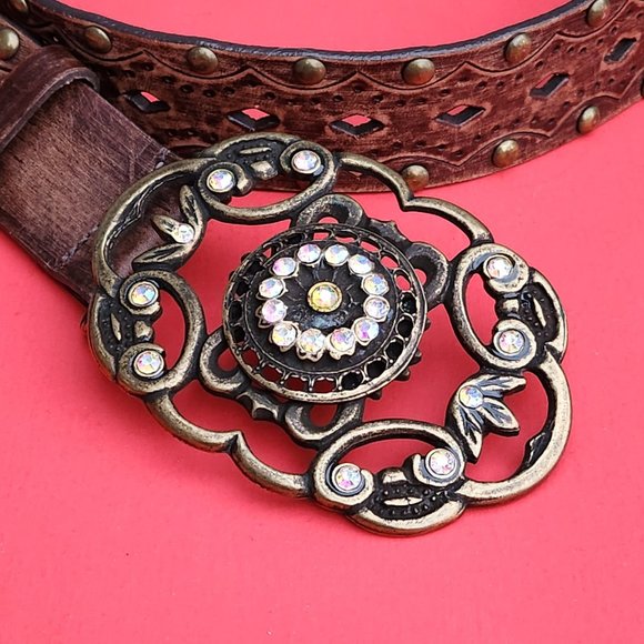 Aldo Genuine Leather Studded Belt With Beautiful Brass Buckle Size S - Picture 3 of 9